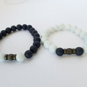 Hand Crafted Couple's Navy White Stone Beaded Bracelets Lava Stretch